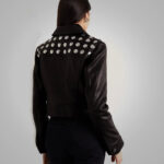 Women's Black Shearling Studded textured Cropped Leather Jacket - Image 2