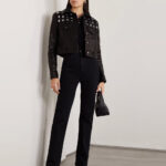 Women's Black Shearling Studded textured Cropped Leather Jacket - Image 3