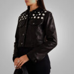 Women's Black Shearling Studded textured Cropped Leather Jacket - Image 4