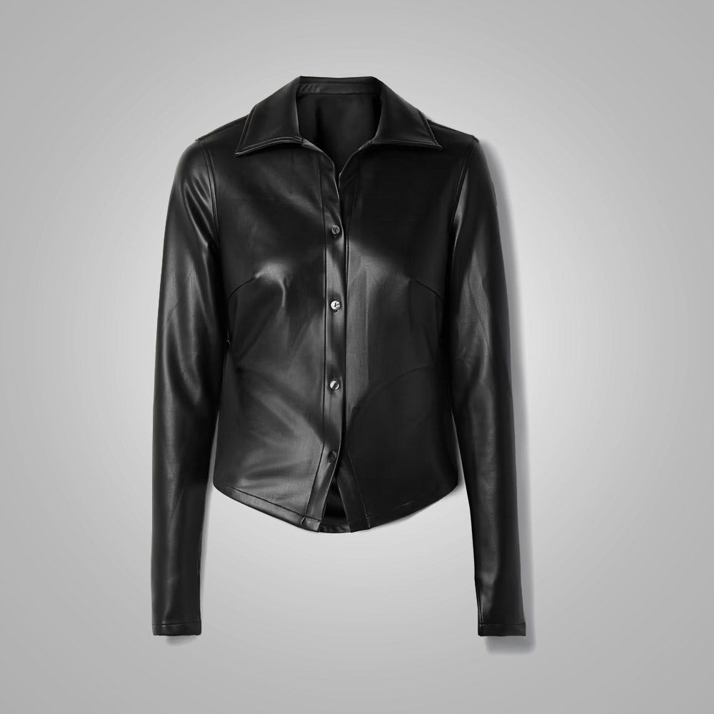 27.jpg Women's Black Slim Fit Smooth Sleeves Leather Shirt - Image 1