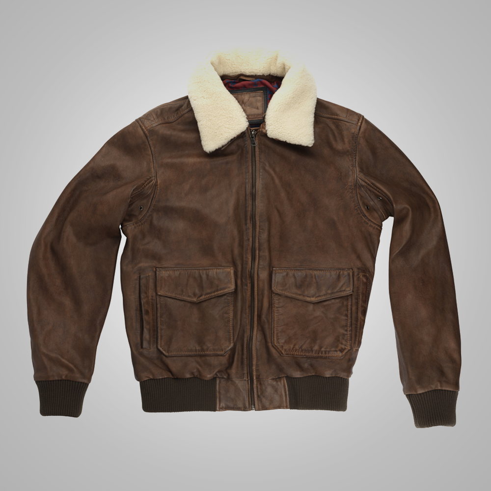 2_6afebf3d-da01-40c5-a4a8-df26e824fa18.png Mens Brown Waxed Sheepskin Aviator Leather Flight Jacket - Image 1