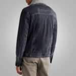 Mens Navy Fur Collar Suede Leather Trucker Jacket - Image 2