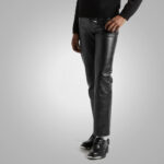 Mens Black New Style Fashion Leather Jean Pant - Image 2