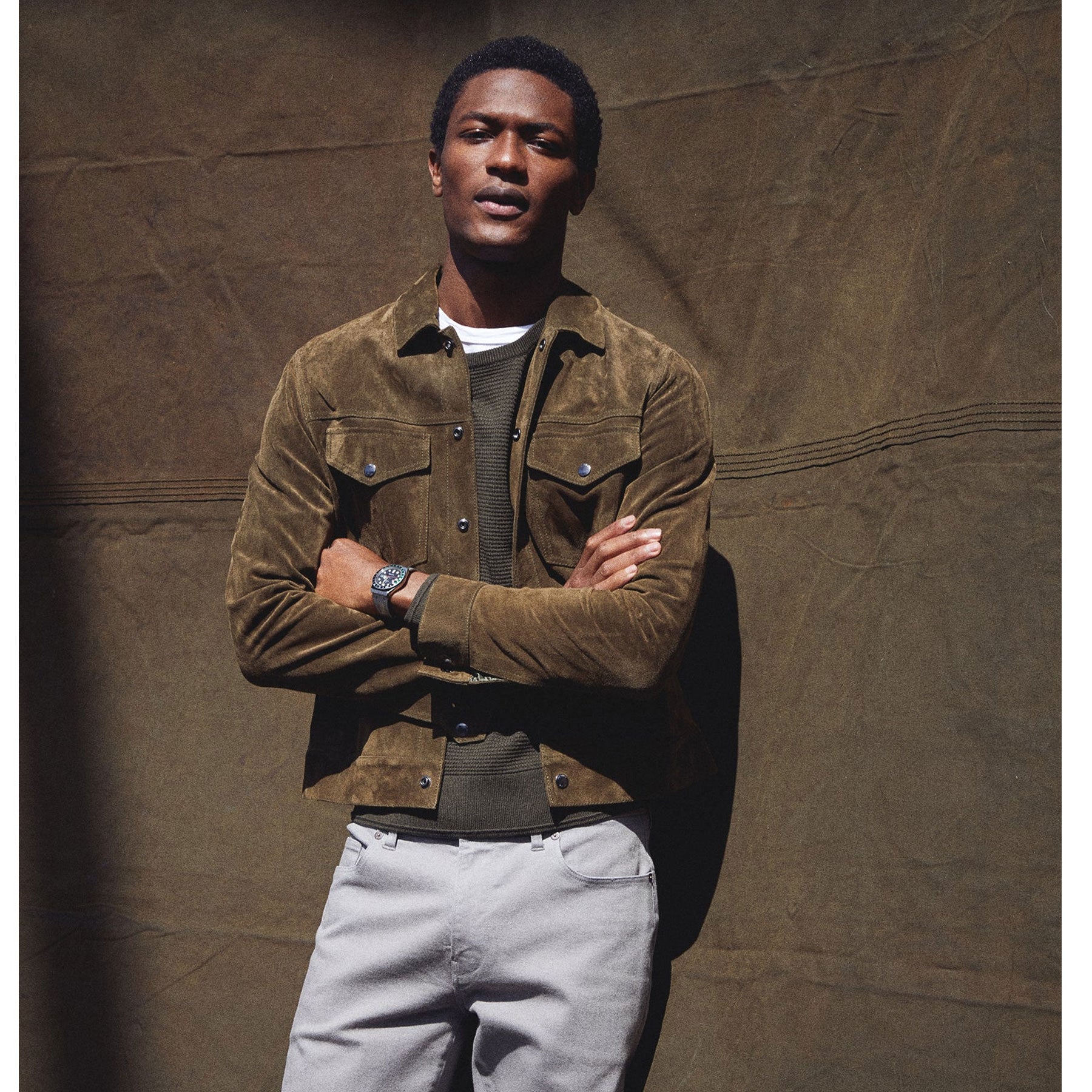 2_867f6d7b-ea38-4454-b806-abfc84de24da.jpg Men’s Olive Suede Leather Shirt Jeans Style - Image 1