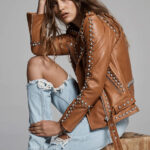 Brown Women Style Silver Spiked Studded Leather jacket