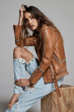 Brown Women Style Silver Spiked Studded Leather jacket