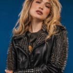 Women Black Punk Silver Long Spiked Studded Black Leather Jacket