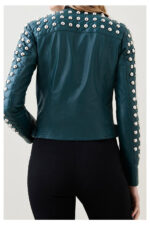 Women Chocolat Green Style Silver Spiked Studded Retro Motorcycle Leather Jacket - Image 2