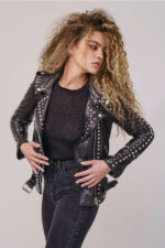 Women Black Style Silver Spiked Studded Leather Biker jacket - Image 2