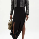 Black Women style Silver Long Spiked Studded Motorcycle Leather Jacket