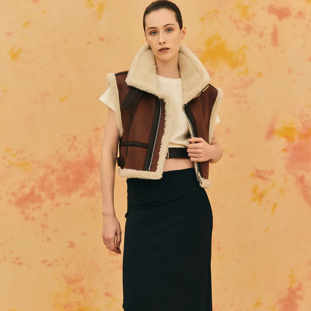 2_b86f42af-aaed-4680-98e6-94f67cb8922c.png Women Sheepskin Brown Shearling AviatorLeather Vest - Image 1
