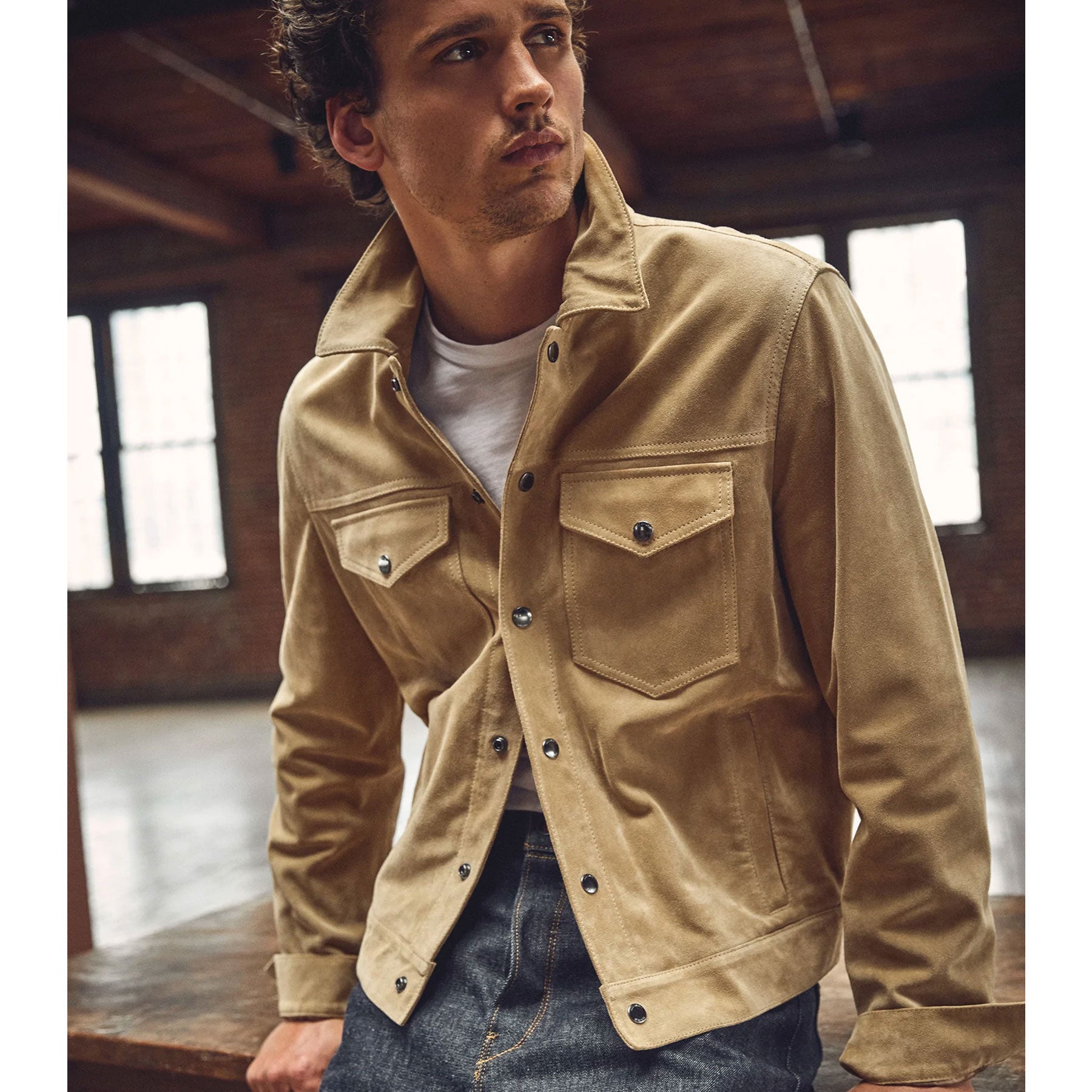 2_d4fd9994-4a09-440e-be8b-07ebe9a815d6.jpg Men’s Cream Brown Suede Leather Shirt Jeans Style Jacket - Image 1