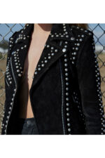 Women Style Silver Studded Black Suede Leather Jacket - Image 3