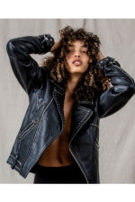 Women Style Silver Spiked Studded Black Motorcycle Leather jacket - Image 3