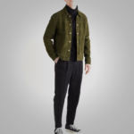 Men Olive Green Lambskin Leather Trucker Jacket - Image 2