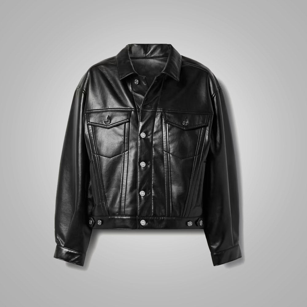 35.jpg Women's Black Smooth Simple Button Closure Leather Blend Shirt - Image 1