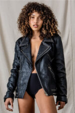 Women Style Silver Spiked Studded Black Motorcycle Leather jacket - Image 4