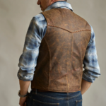 Brown Mens Western Cowboy Biker Leather Vest - Image 3