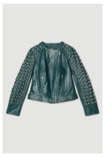 Women Chocolat Green Style Silver Spiked Studded Retro Motorcycle Leather Jacket - Image 3