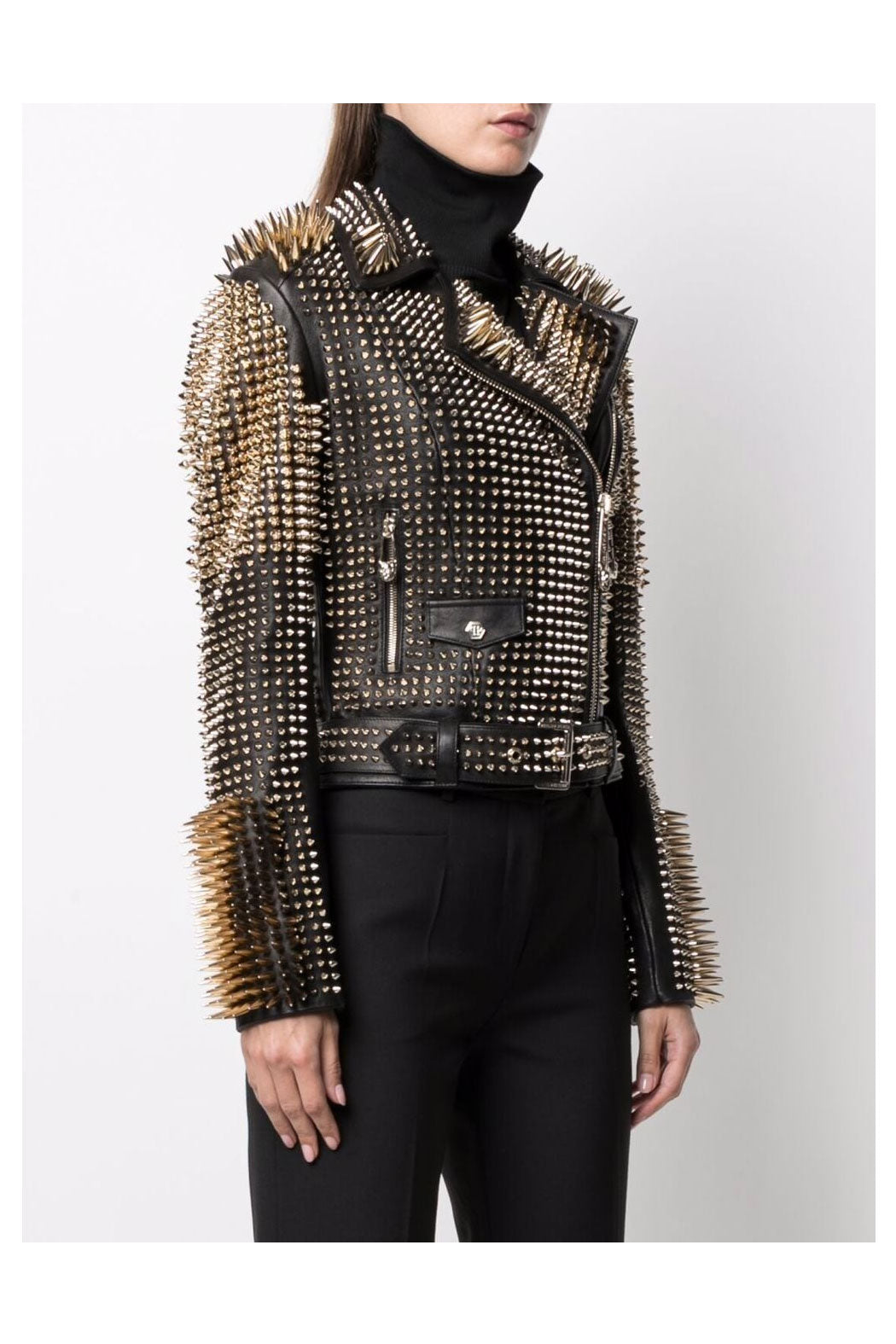 3_9bba08ad-4bee-4294-a92d-4c0c64f63013.jpg Women Black Punk Silver Long Spiked Studded Leather Biker Jacket - Image 1