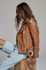 Brown Women Style Silver Spiked Studded Leather jacket - Image 3