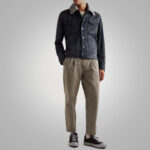 Mens Navy Fur Collar Suede Leather Trucker Jacket - Image 3