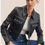 Black Women style Silver Spiked Studded Retro Motorcycle Leather Jacket