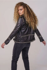Women Black Style Silver Spiked Studded Leather Biker jacket - Image 3