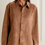 Women's Brown Smooth Simple Button Leather Blend Shirt - Image 3