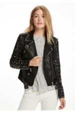 Black Women Spiked Studded Leather Motorcycle Jacket - Image 3