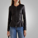 Women's Stretch Cotten Concealed Zip Black Leather Shirt - Image 3