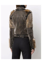 Women Black Punk Silver Long Spiked Studded Leather Biker Jacket - Image 5
