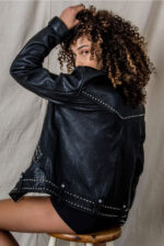 Women Style Silver Spiked Studded Black Motorcycle Leather jacket - Image 5