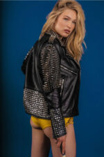 Women Black Punk Silver Long Spiked Studded Black Leather Jacket - Image 4