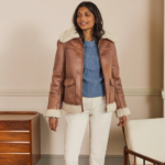 Women Brown Sheepskin Shearling Leather Aviator Jacket - Image 4