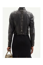 Black Women style Silver Long Spiked Studded Motorcycle Leather Jacket - Image 4
