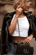 Women Style Silver Studded Black Suede Leather Jacket - Image 4
