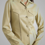 Women's Khaki Smooth Simple Button Closure Leather Shirt - Image 4
