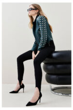Women Chocolat Green Style Silver Spiked Studded Retro Motorcycle Leather Jacket - Image 4