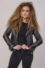 Women Black Style Silver Spiked Studded Leather Biker jacket - Image 4