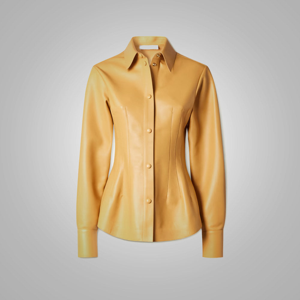 54.jpg Women's Brown Soft Smart Collar Sleeves Leather Shirt - Image 1