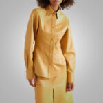 Women's Brown Soft Smart Collar Sleeves Leather Shirt - Image 3