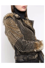Women Black Punk Silver Long Spiked Studded Leather Biker Jacket - Image 3