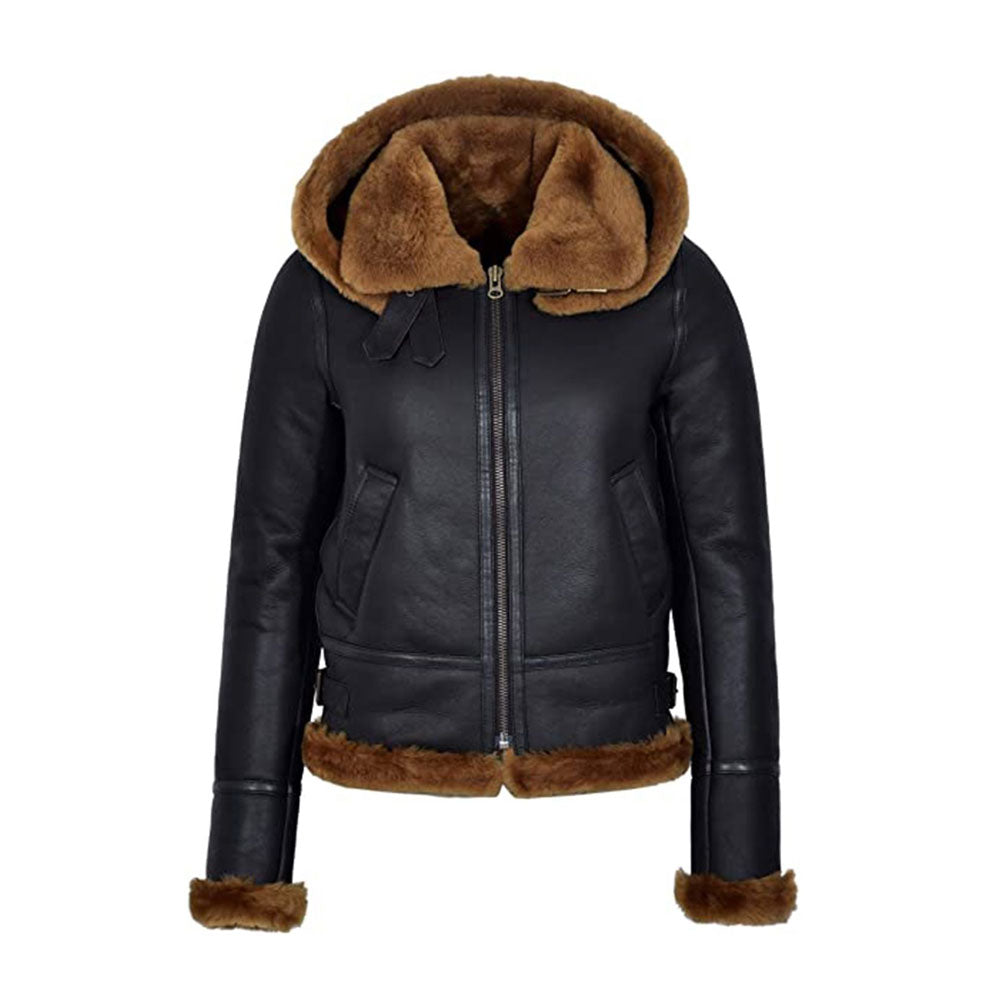 5_31600f8b-76fc-40dd-a3d8-64307da3e446-1.jpg WOMENS BLACK HOODED B3 FLYING SHEARILING JACKET - Image 1