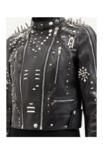 Black Women style Silver Long Spiked Studded Motorcycle Leather Jacket - Image 5