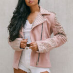 Pink Women Style Silver Spiked Studded Motorcycle Leather Jacket