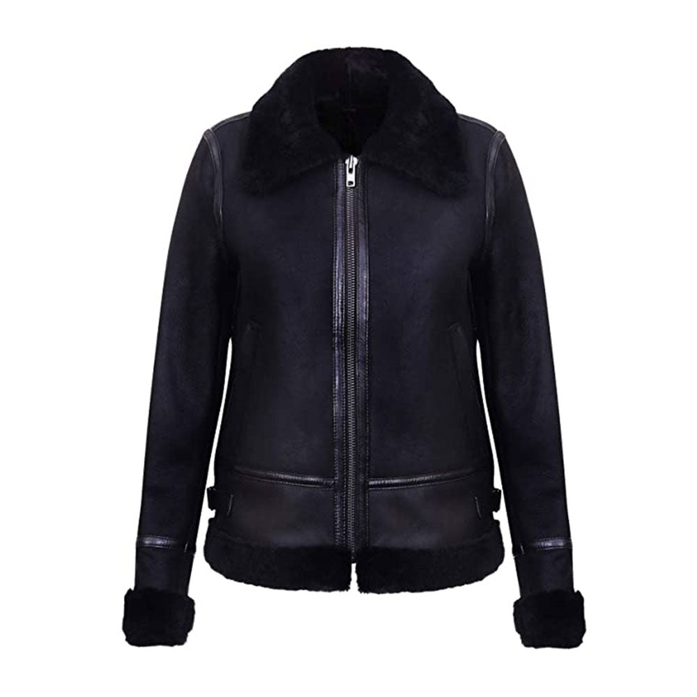 5_a0b89deb-a607-4c75-bd84-0f8a1206facc.jpg WOMENS BLACK AVIATOR BIKER GENUINE SHEEPSKIN SHEARLING LEATHER JACKET - Image 1