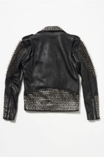 Women Black Punk Silver Long Spiked Studded Black Leather Jacket - Image 5
