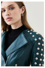 Women Chocolat Green Style Silver Spiked Studded Retro Motorcycle Leather Jacket - Image 5