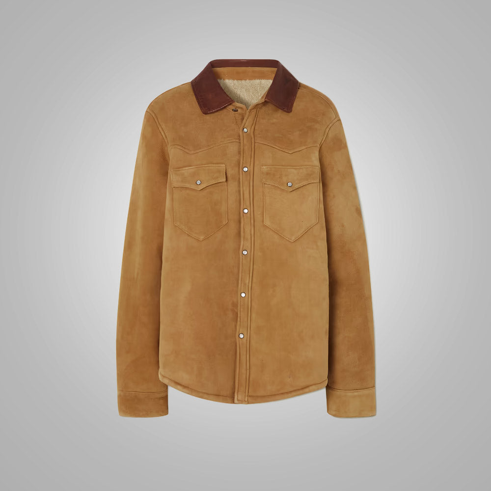 64.jpg Women's Camel Suede Shearling With Classic Flap Pockets Leather Shirt - Image 1
